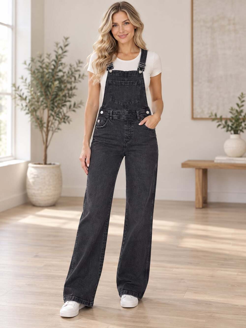 H&M &Denim Black Denim Overalls Flare Leg Adjustable Straps Size XS